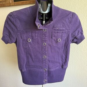 Vintage Y2K 2000s Wet Seal Cargo Pocket Short Sleeve Purple Shacket Ribbed L